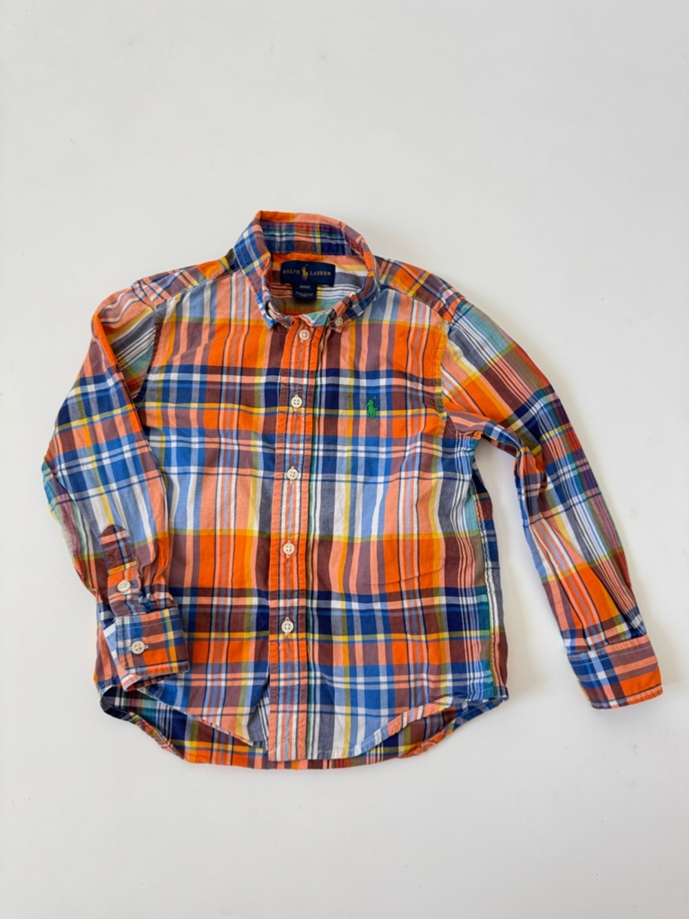 Ralph Lauren Boys Plaid Shirt Orange Blue Button Down Cotton 4T classic luxury